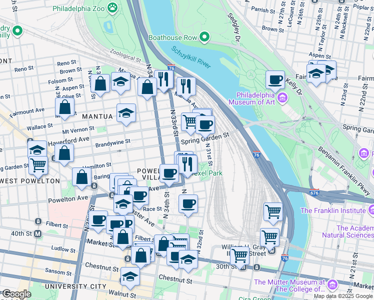 map of restaurants, bars, coffee shops, grocery stores, and more near 3221 Hamilton Street in Philadelphia