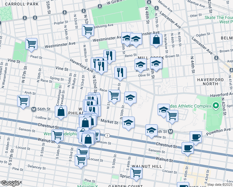 map of restaurants, bars, coffee shops, grocery stores, and more near 5031 Race Street in Philadelphia