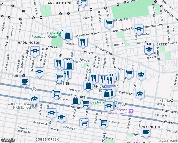 map of restaurants, bars, coffee shops, grocery stores, and more near 104 North Sickels Street in Philadelphia