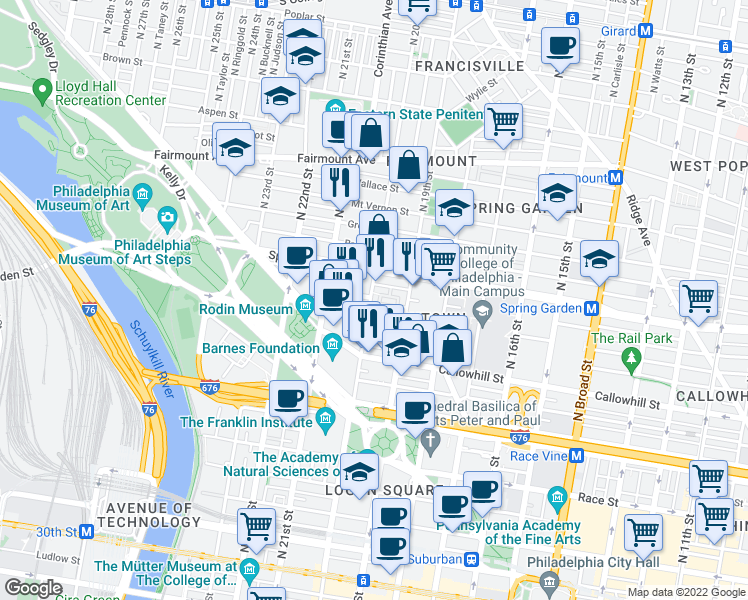 map of restaurants, bars, coffee shops, grocery stores, and more near 511 North 20th Street in Philadelphia