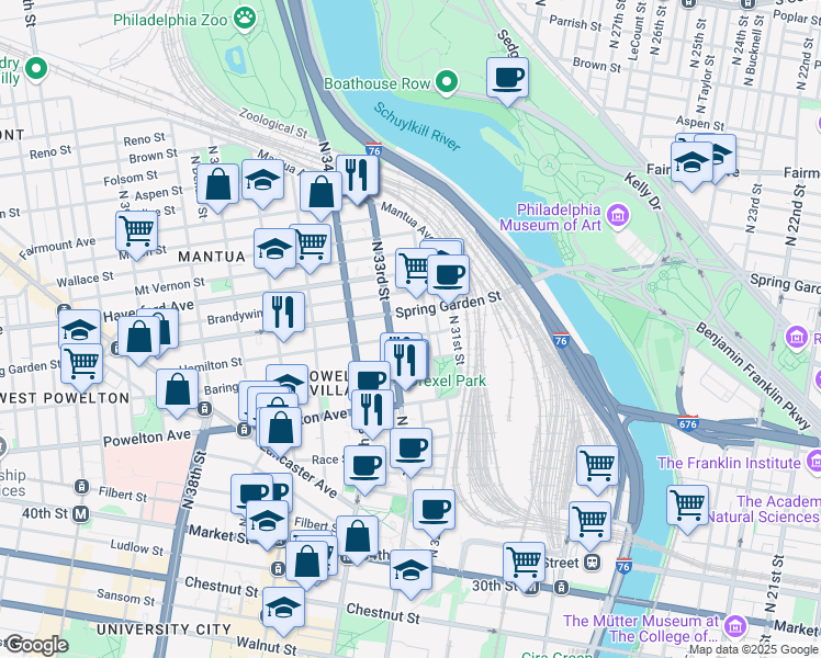 map of restaurants, bars, coffee shops, grocery stores, and more near 3219 Hamilton Street in Philadelphia