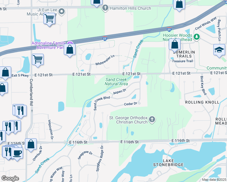 map of restaurants, bars, coffee shops, grocery stores, and more near 10494 Aspen Drive in Fishers