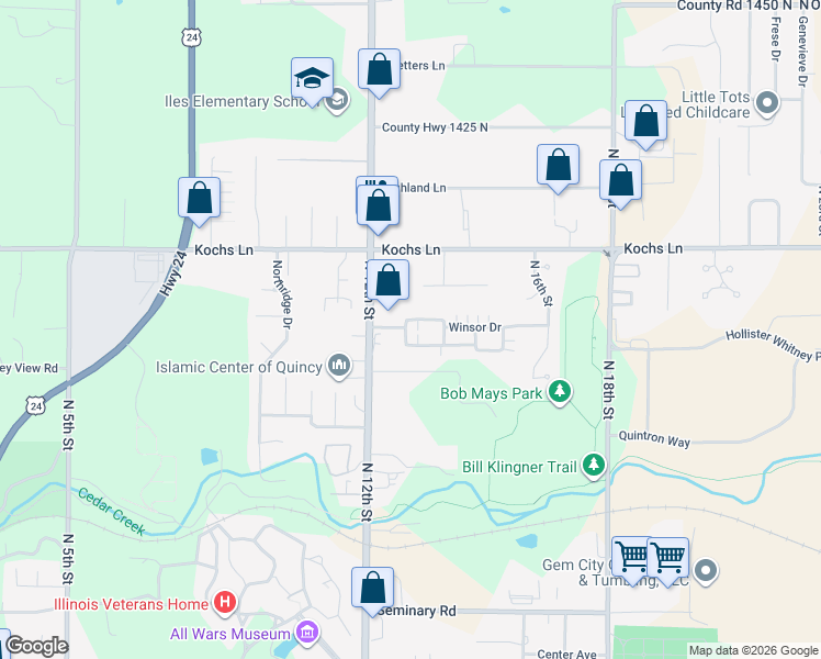map of restaurants, bars, coffee shops, grocery stores, and more near 2608 North 13th Street in Quincy