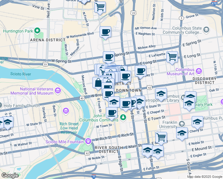 map of restaurants, bars, coffee shops, grocery stores, and more near 52 East Gay Street in Columbus