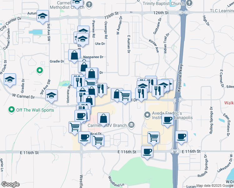 map of restaurants, bars, coffee shops, grocery stores, and more near 240 East Carmel Drive in Carmel