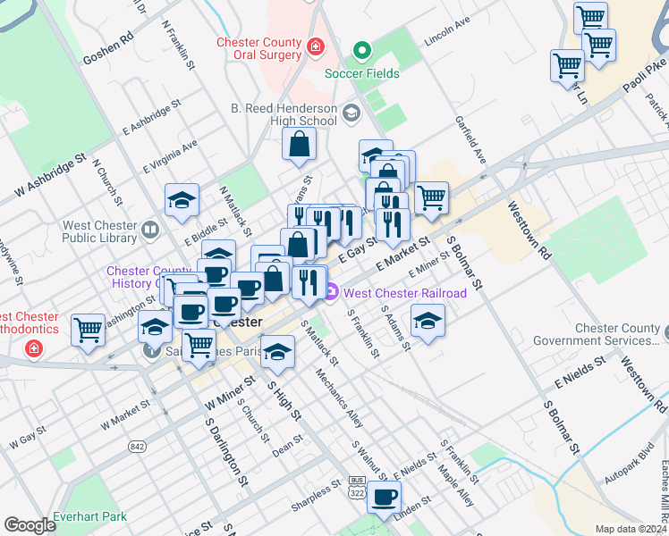 map of restaurants, bars, coffee shops, grocery stores, and more near 310 East Gay Street in West Chester
