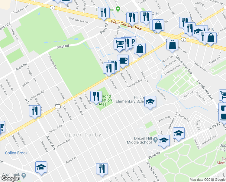 map of restaurants, bars, coffee shops, grocery stores, and more near 1209 Old Lane in Upper Darby