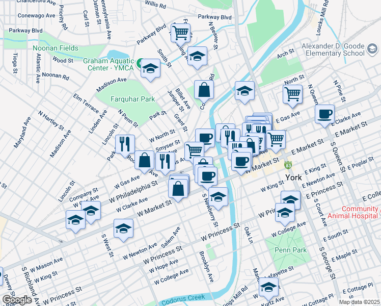 map of restaurants, bars, coffee shops, grocery stores, and more near 135 North Newberry Street in York