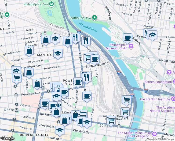 map of restaurants, bars, coffee shops, grocery stores, and more near 438 North 32nd Street in Philadelphia