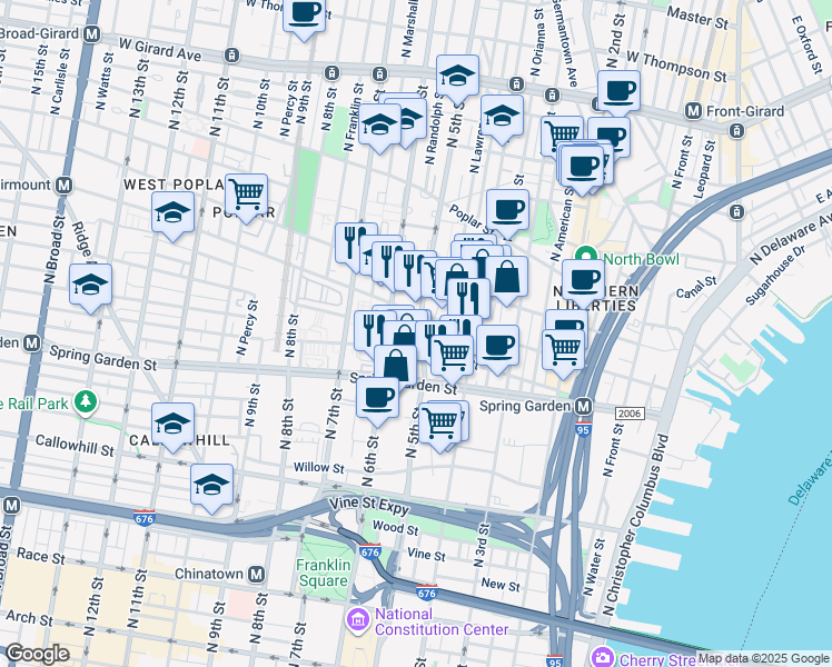 map of restaurants, bars, coffee shops, grocery stores, and more near 622 North 5th Street in Philadelphia