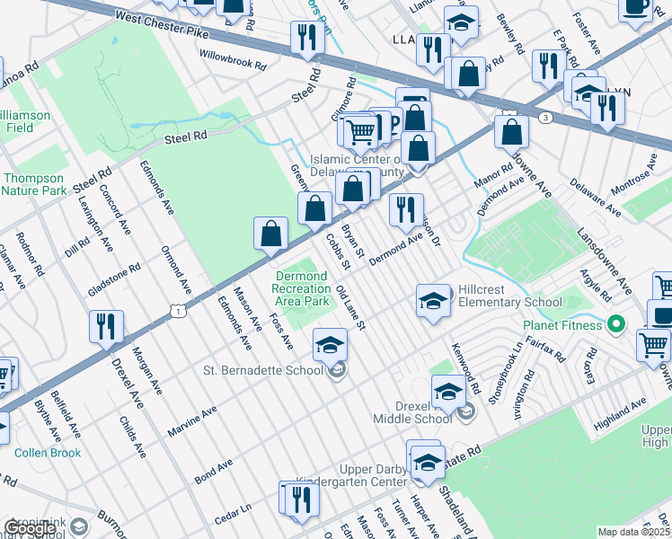 map of restaurants, bars, coffee shops, grocery stores, and more near 1209 Old Lane in Upper Darby