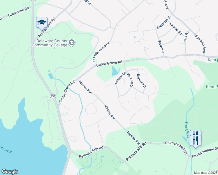 map of restaurants, bars, coffee shops, grocery stores, and more near 6 Honeysuckle Lane in Broomall
