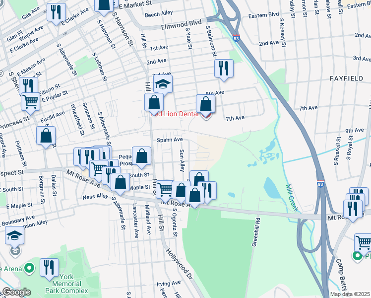 map of restaurants, bars, coffee shops, grocery stores, and more near 474 South Yale Street in York