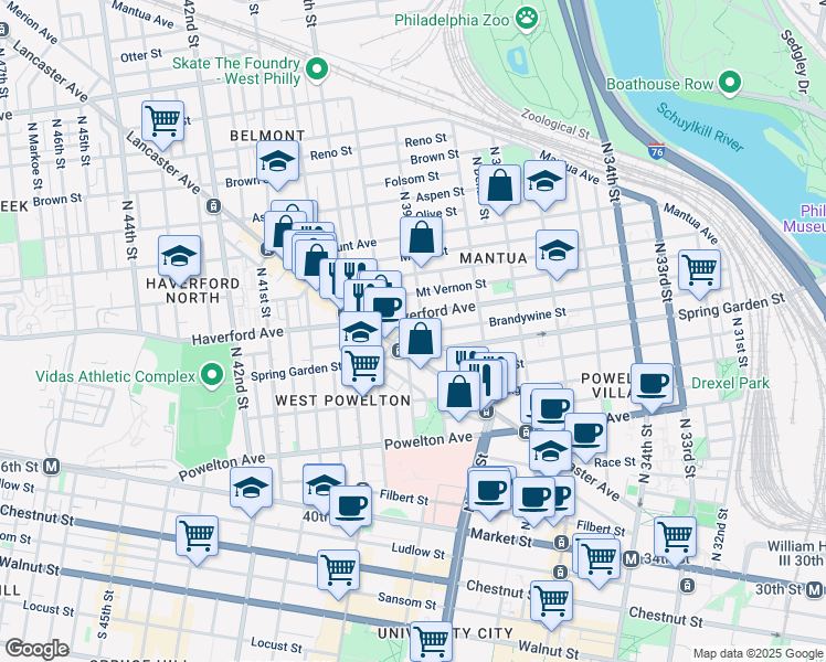 map of restaurants, bars, coffee shops, grocery stores, and more near 3911 Brandywine Street in Philadelphia