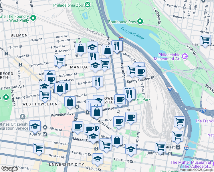 map of restaurants, bars, coffee shops, grocery stores, and more near 441 North 35th Street in Philadelphia