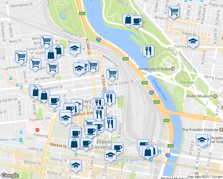 map of restaurants, bars, coffee shops, grocery stores, and more near 3213 Hamilton Street in Philadelphia