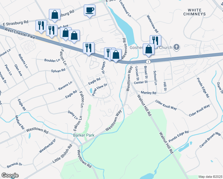 map of restaurants, bars, coffee shops, grocery stores, and more near 1013 Valley Drive in West Chester