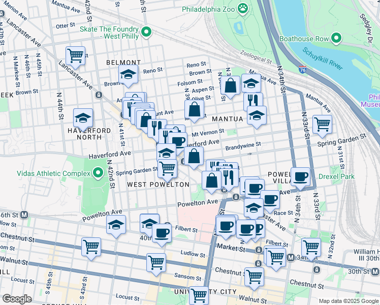 map of restaurants, bars, coffee shops, grocery stores, and more near 3915 Brandywine Street in Philadelphia