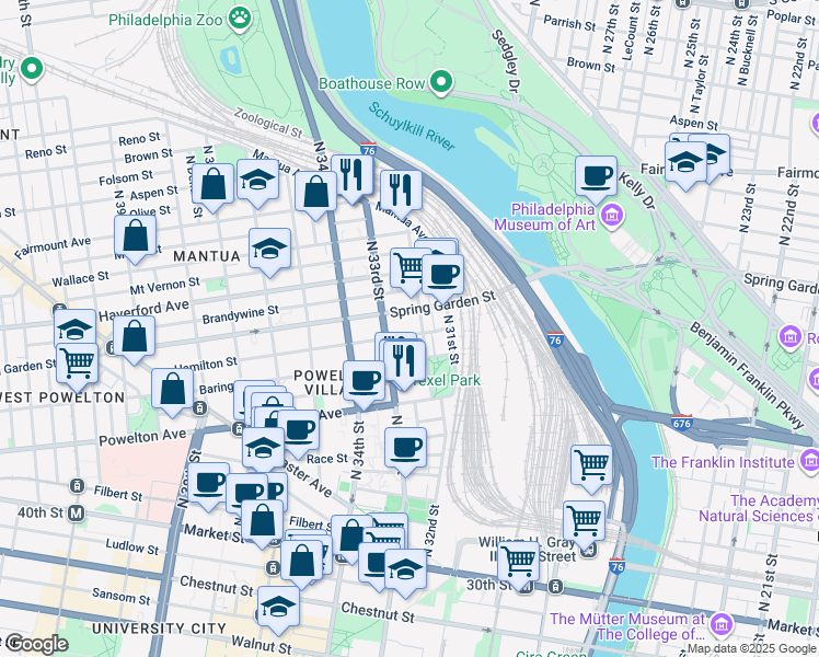 map of restaurants, bars, coffee shops, grocery stores, and more near 3213 Hamilton Street in Philadelphia