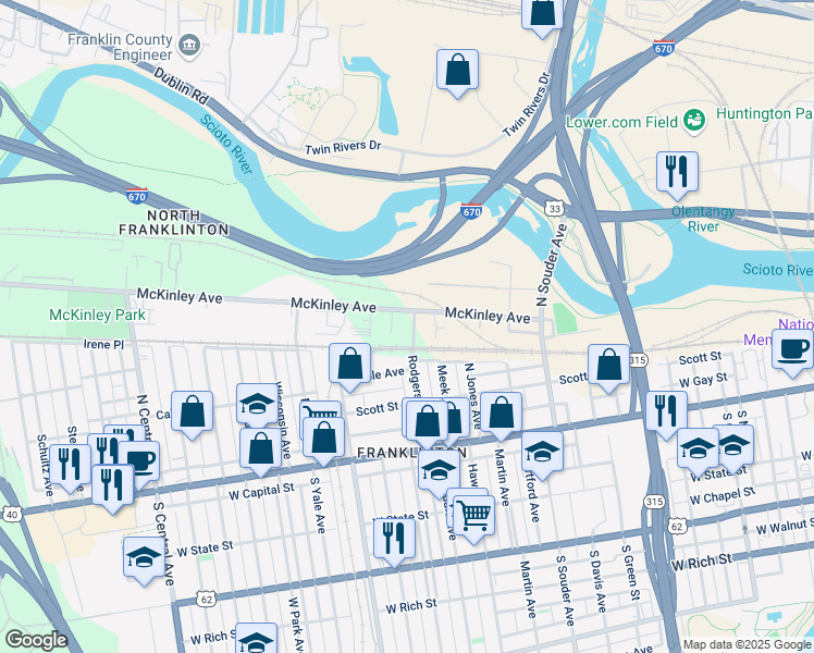 map of restaurants, bars, coffee shops, grocery stores, and more near 1009 Mc Kinley Avenue in Columbus
