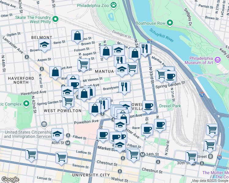 map of restaurants, bars, coffee shops, grocery stores, and more near 3631 Spring Garden Street in Philadelphia