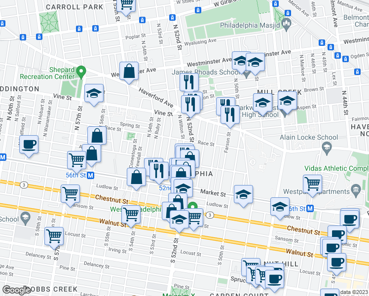 map of restaurants, bars, coffee shops, grocery stores, and more near 145 North Wilton Street in Philadelphia