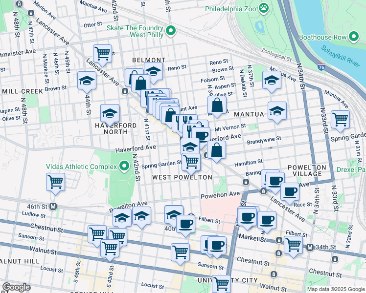 map of restaurants, bars, coffee shops, grocery stores, and more near 4004 Haverford Avenue in Philadelphia