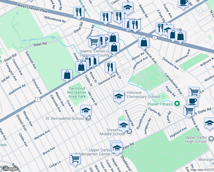 map of restaurants, bars, coffee shops, grocery stores, and more near 1129 Agnew Drive in Upper Darby