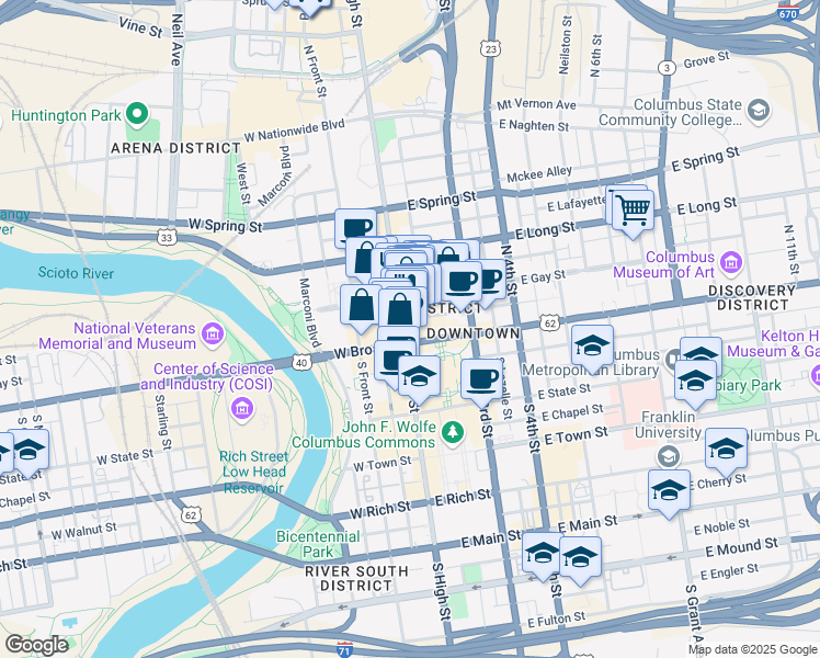 map of restaurants, bars, coffee shops, grocery stores, and more near 52 East Gay Street in Columbus