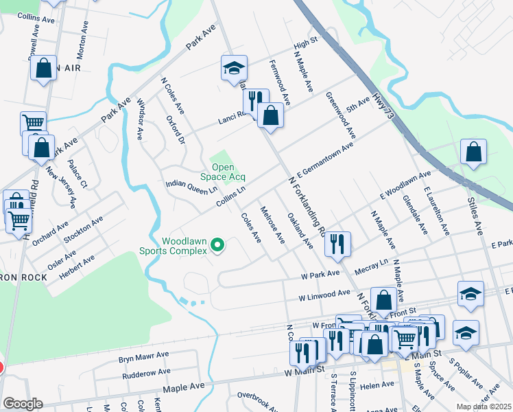 map of restaurants, bars, coffee shops, grocery stores, and more near 204 West Germantown Avenue in Maple Shade