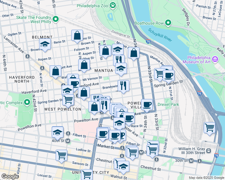 map of restaurants, bars, coffee shops, grocery stores, and more near 3637 Spring Garden Street in Philadelphia
