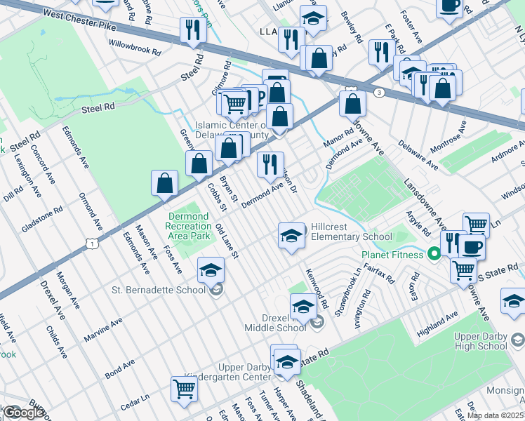 map of restaurants, bars, coffee shops, grocery stores, and more near 1129 Agnew Drive in Upper Darby