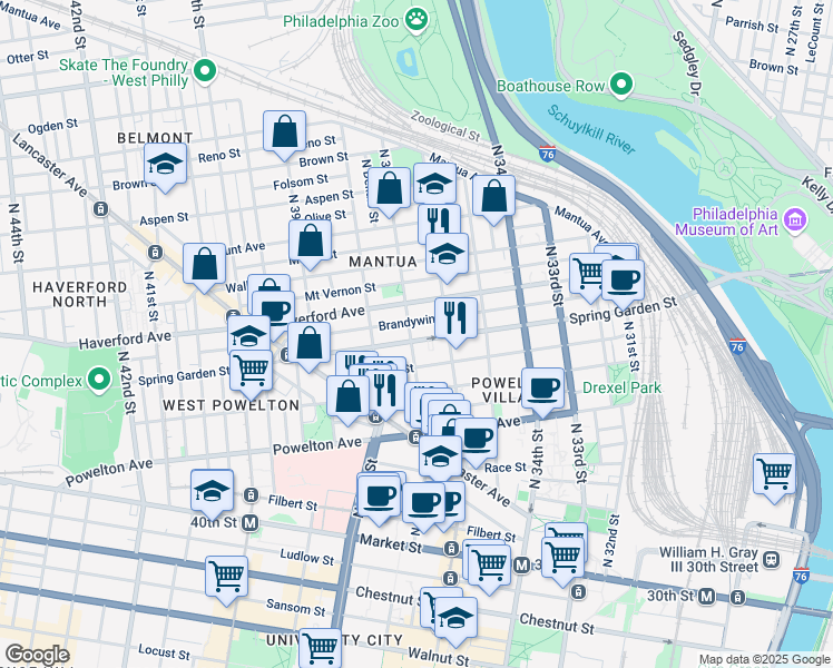 map of restaurants, bars, coffee shops, grocery stores, and more near 3635 Spring Garden Street in Philadelphia