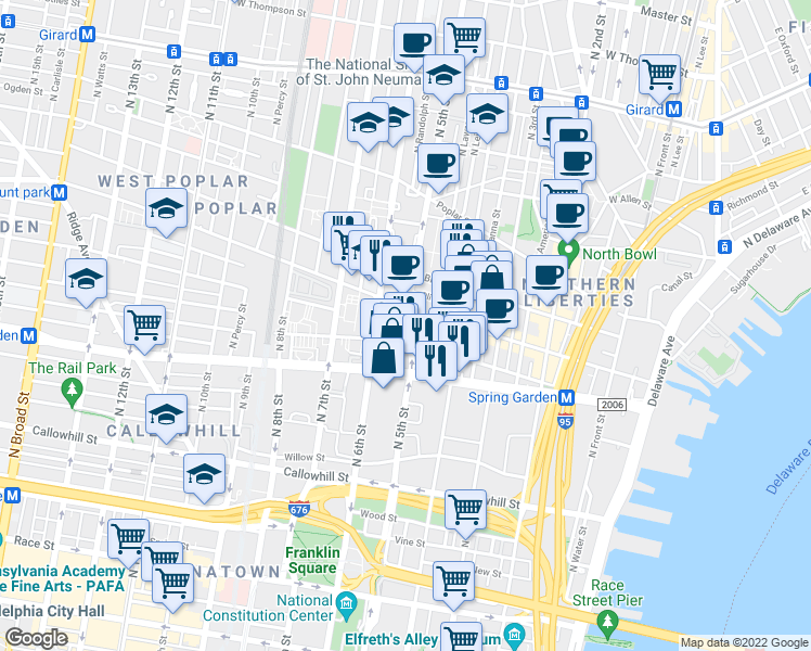 map of restaurants, bars, coffee shops, grocery stores, and more near 622 North 5th Street in Philadelphia