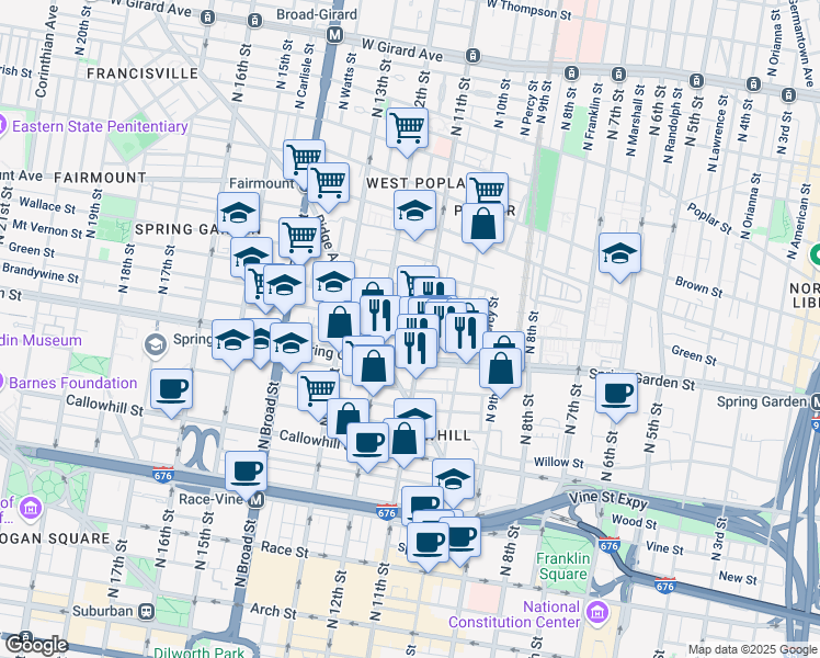 map of restaurants, bars, coffee shops, grocery stores, and more near 1106 Green Street in Philadelphia