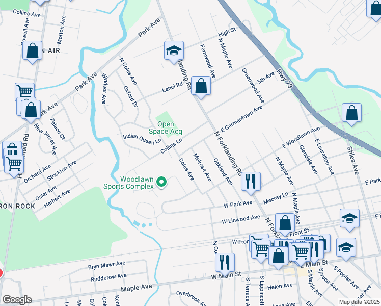 map of restaurants, bars, coffee shops, grocery stores, and more near 204 West Germantown Avenue in Maple Shade