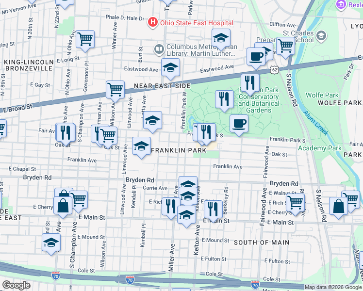 map of restaurants, bars, coffee shops, grocery stores, and more near in Columbus