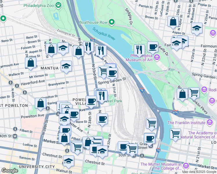 map of restaurants, bars, coffee shops, grocery stores, and more near 419 North 32nd Street in Philadelphia