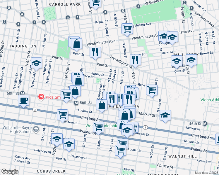 map of restaurants, bars, coffee shops, grocery stores, and more near 127 North 54th Street in Philadelphia