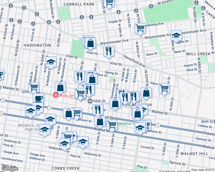 map of restaurants, bars, coffee shops, grocery stores, and more near 115 N 55th St in Philadelphia