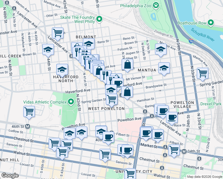 map of restaurants, bars, coffee shops, grocery stores, and more near 3950 Lancaster Avenue in Philadelphia