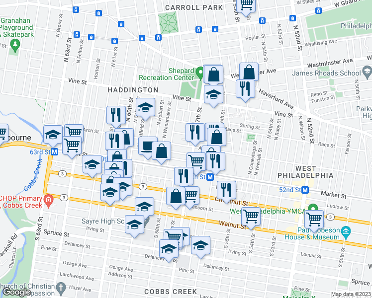map of restaurants, bars, coffee shops, grocery stores, and more near 5716 Arch Street in Philadelphia
