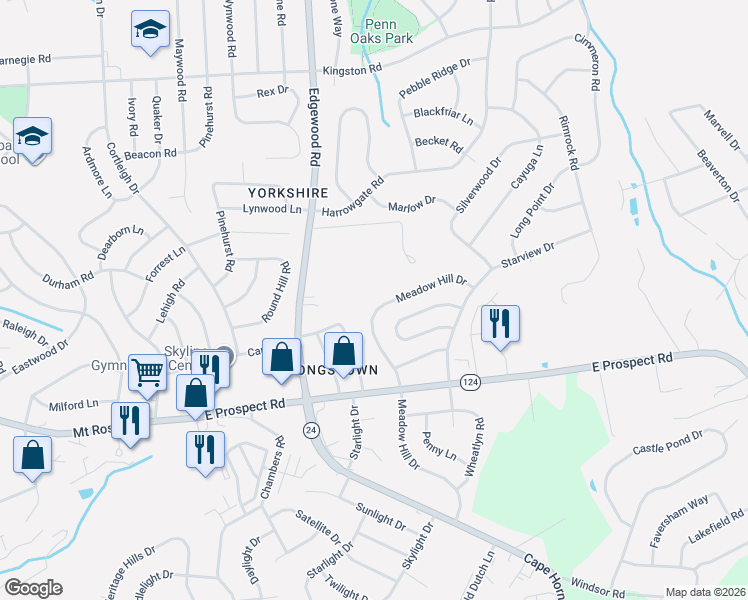 map of restaurants, bars, coffee shops, grocery stores, and more near 121 Meadow Hill Drive in York