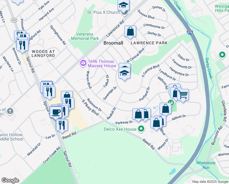 map of restaurants, bars, coffee shops, grocery stores, and more near 355 Swanage Drive in Broomall