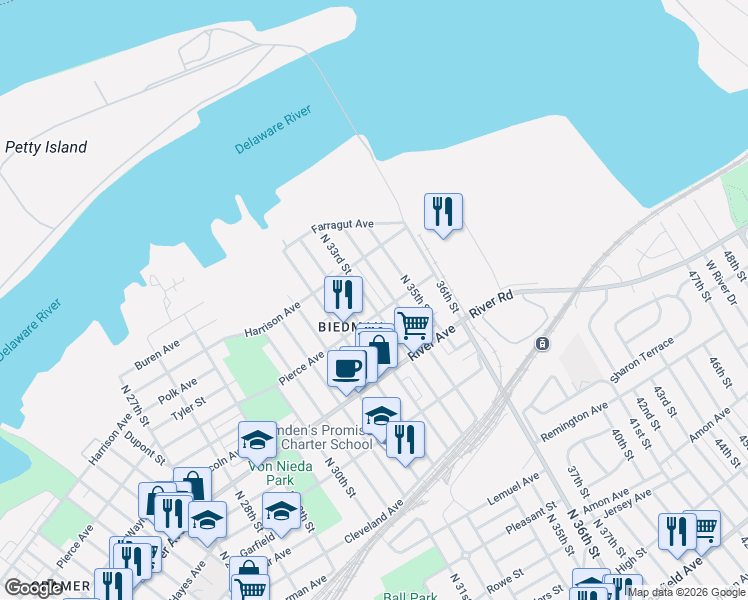 map of restaurants, bars, coffee shops, grocery stores, and more near 1137 North 33rd Street in Camden