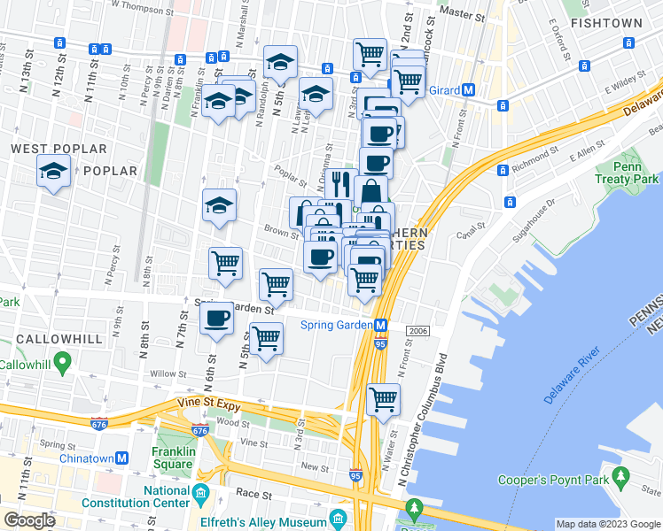 map of restaurants, bars, coffee shops, grocery stores, and more near 728 North Bodine Street in Philadelphia