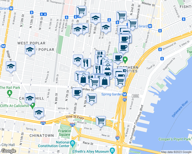 map of restaurants, bars, coffee shops, grocery stores, and more near 424 Fairmount Avenue in Philadelphia