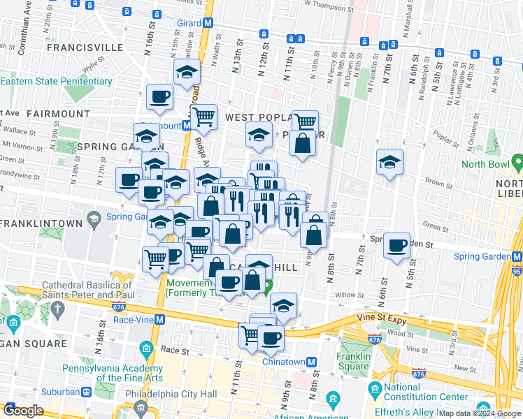map of restaurants, bars, coffee shops, grocery stores, and more near 602 North 11th Street in Philadelphia