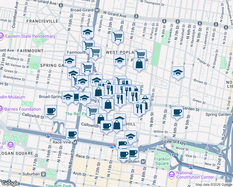 map of restaurants, bars, coffee shops, grocery stores, and more near 602 North 11th Street in Philadelphia