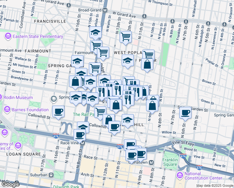 map of restaurants, bars, coffee shops, grocery stores, and more near 540 North 12th Street in Philadelphia
